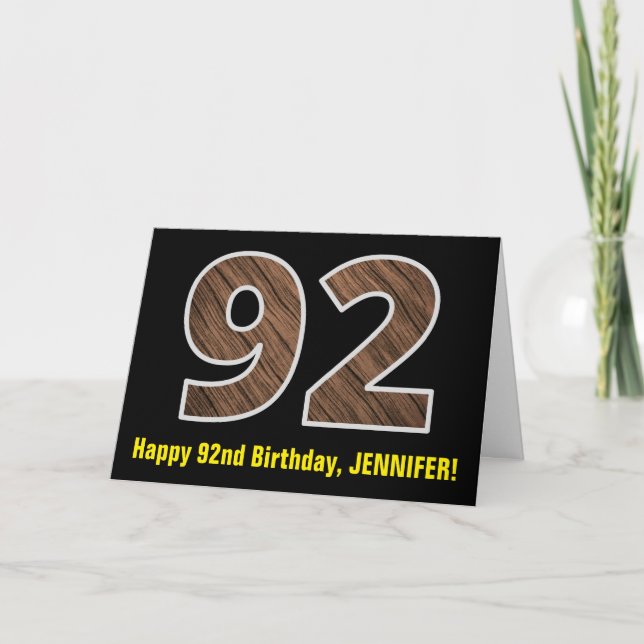 92nd Birthday: Name + Faux Wood Grain Pattern "92" Card (Front)