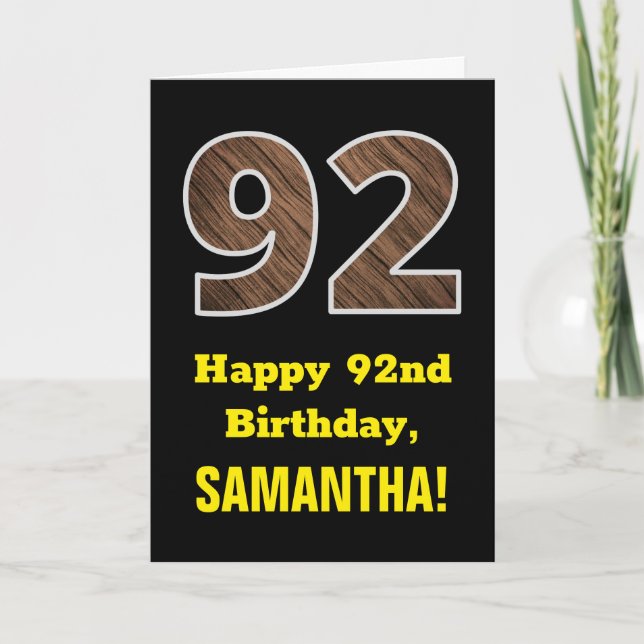 92nd Birthday: Name, Faux Wood Grain Pattern "92" Card (Front)