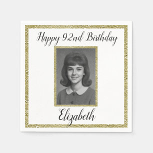 92nd Birthday Napkins Custom Photo White and Gold