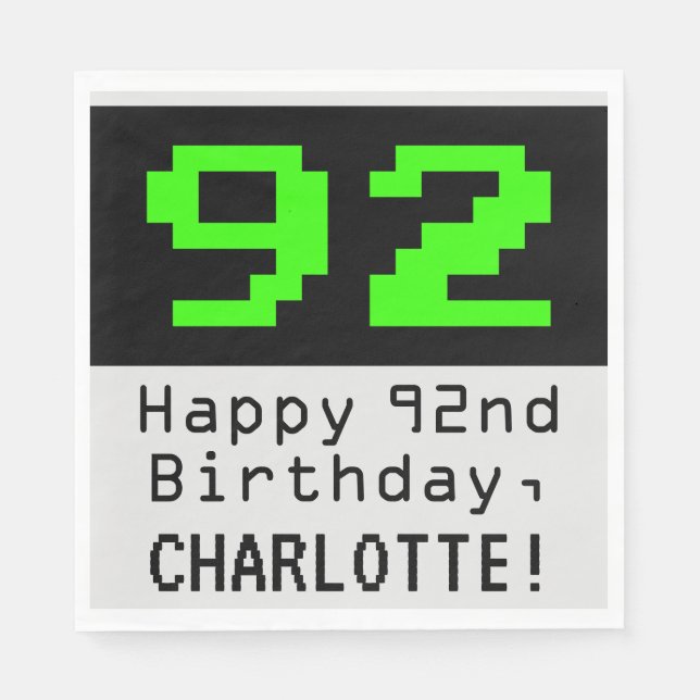92nd Birthday - Nerdy / Geeky Style "92" & Name Napkin (Front)
