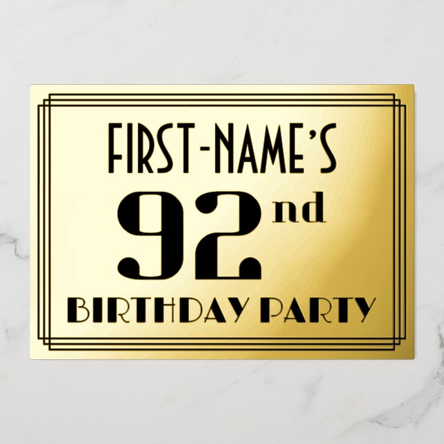 92nd Birthday Party: Art Deco Look “92” and Name (Front)