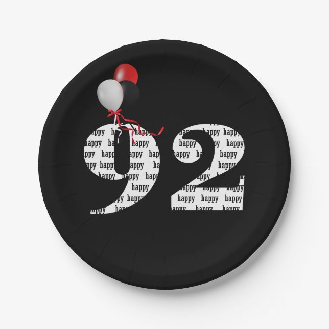 92nd birthday party balloons paper plate (Front)