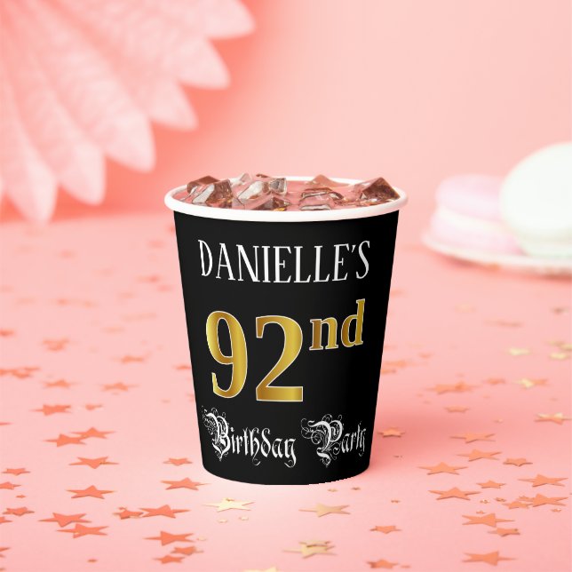 92nd Birthday Party — Fancy Script, Faux Gold Look Paper Cups (Insitu)