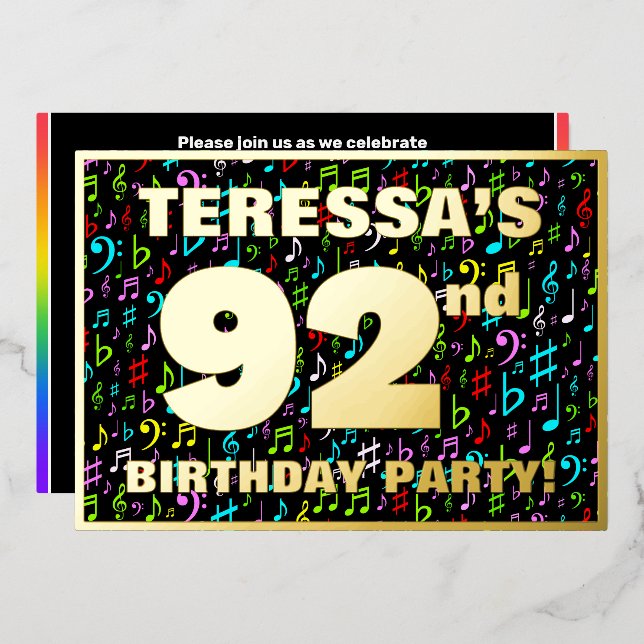 92nd Birthday Party — Fun, Colorful Music Symbols (Front/Back)
