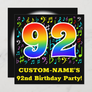 92nd Birthday Party: Fun Music Symbols, Rainbow 92 Invitation