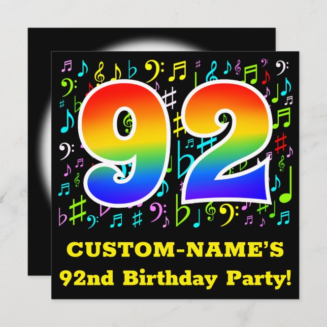 92nd Birthday Party: Fun Music Symbols, Rainbow 92 Invitation (Front/Back)