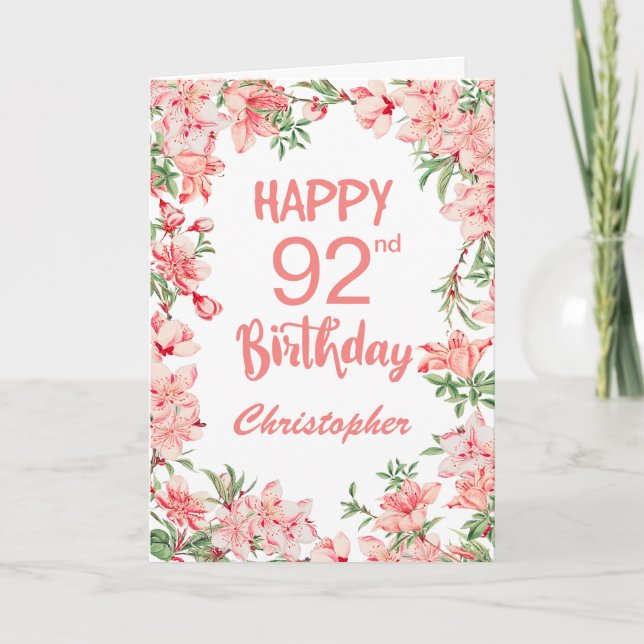 92nd Birthday Pink Peach Peonies Watercolor Floral Card (Front)