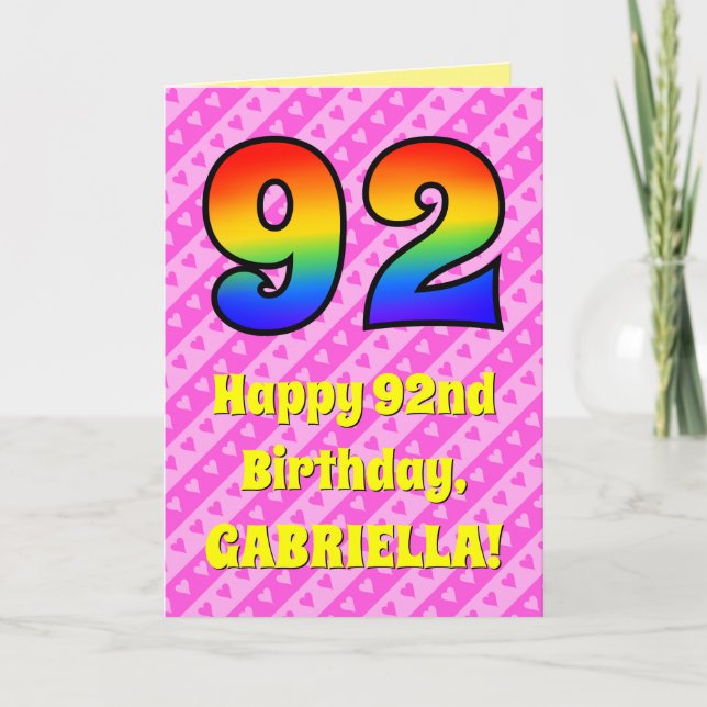 92nd Birthday: Pink Stripes & Hearts, Rainbow # 92 Card (Front)