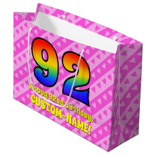 92nd Birthday: Pink Stripes & Hearts, Rainbow # 92 Large Gift Bag