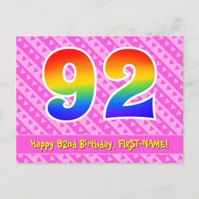 92nd Birthday: Pink Stripes & Hearts, Rainbow 92 Postcard (Front)