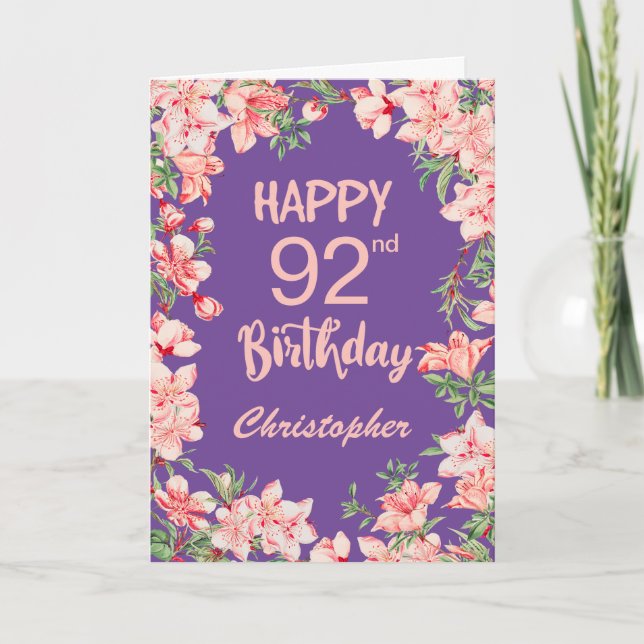 92nd Birthday Purple Pink Peach Watercolor Floral Card (Front)