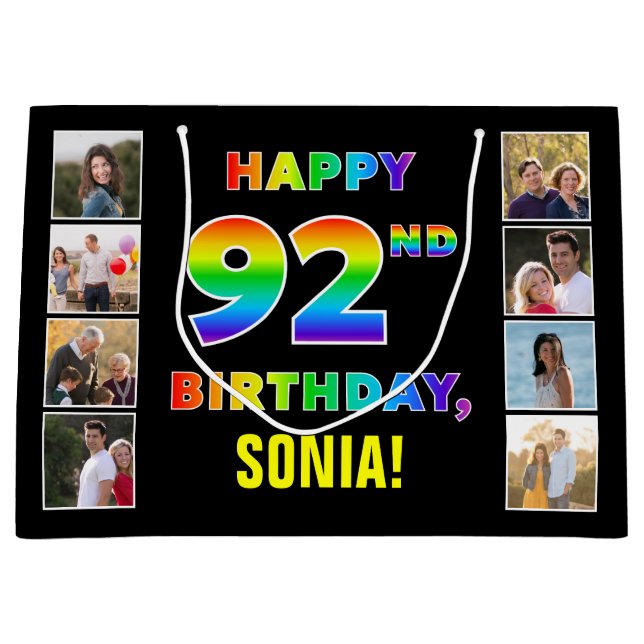 92nd Birthday: Rainbow Text, Custom Photos & Name Large Gift Bag (Front)