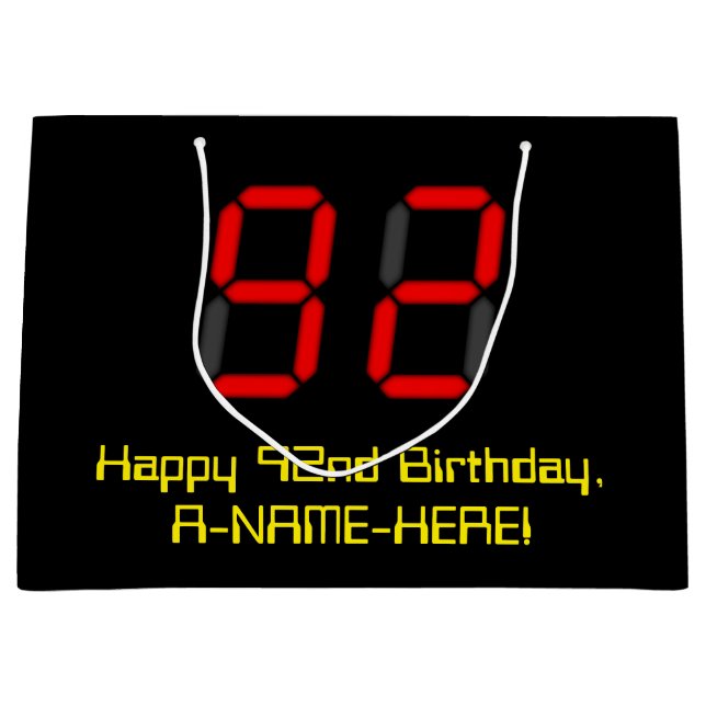 92nd Birthday: Red Digital Clock Style "92" + Name Large Gift Bag (Front)