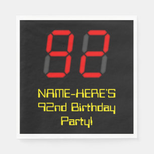 92nd Birthday: Red Digital Clock Style "92" + Name Napkin