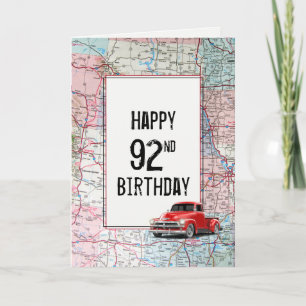 92nd Birthday Red Retro Truck on Map    Card
