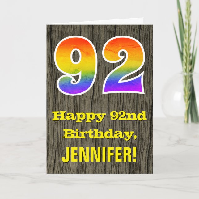 92nd Birthday: Rustic Faux Wood Look, Rainbow "92" Card (Front)