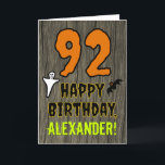 92nd Birthday: Spooky Halloween Theme, Custom Name Card<br><div class="desc">The front of this scary and spooky Hallowe'en birthday themed greeting card design features a large number "92" and the message "HAPPY BIRTHDAY, ", plus an editable name. There are also depictions of a ghost and a bat on the front. The inside features a customisable birthday greeting message, or could...</div>