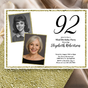 92nd Custom Photo White and Gold  Invitation