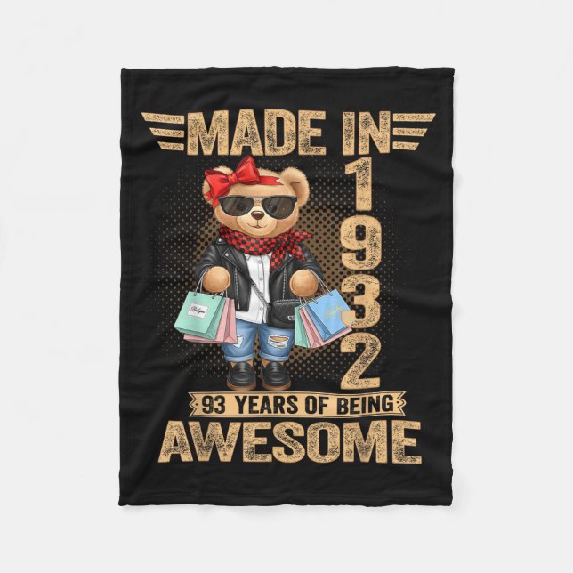 93 Year Old Made In 1932 Teddy Bear 93rd Birthday  Fleece Blanket (Front)