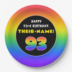 93rd Birthday: Colorful Rainbow # 93, Custom Name Paper Plate