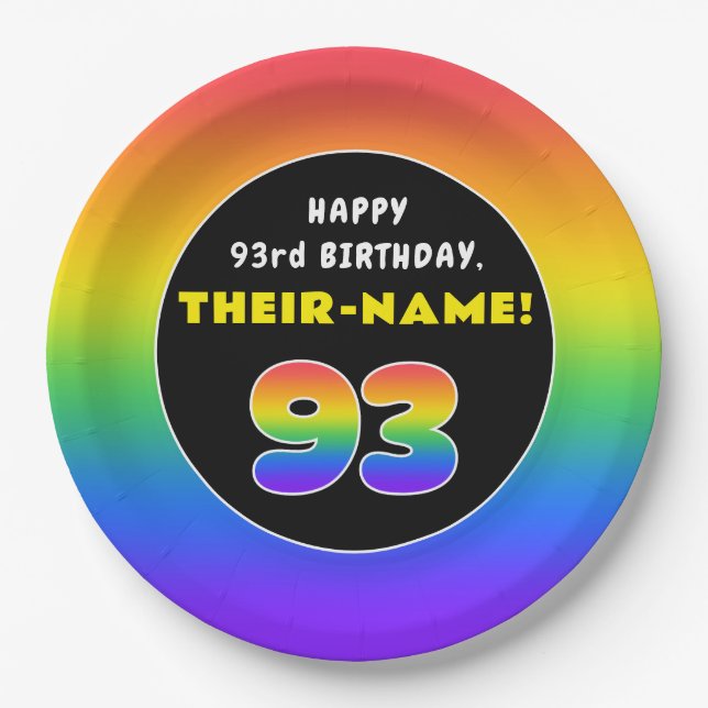 93rd Birthday: Colorful Rainbow # 93, Custom Name Paper Plate (Front)