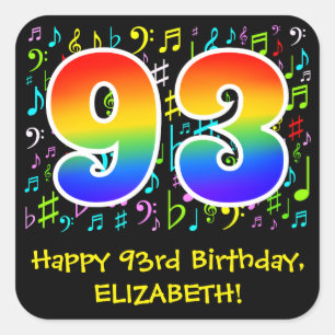 93rd Birthday: Colourful Music Symbols, Rainbow 93 Square Sticker