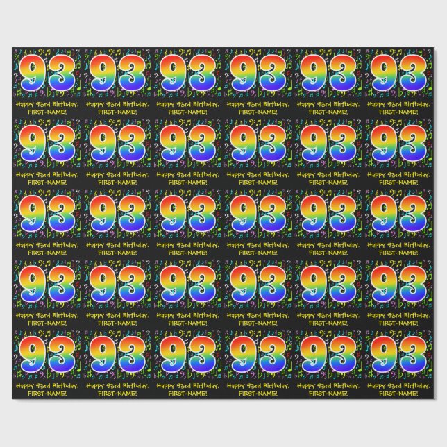 93rd Birthday: Colourful Music Symbols, Rainbow 93 Wrapping Paper (Flat)