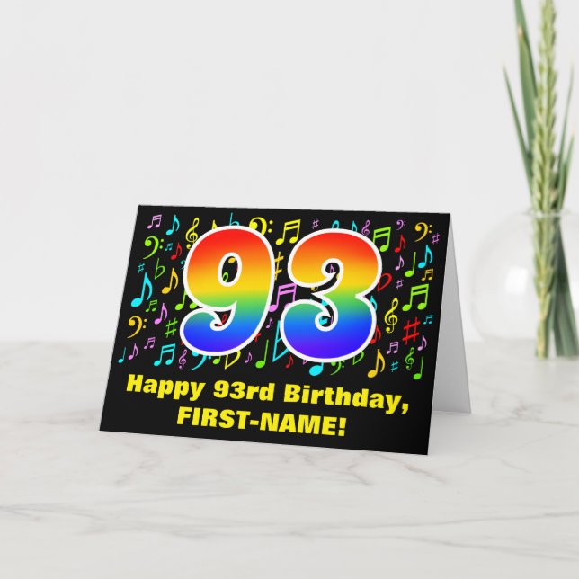 93rd Birthday: Colourful Music Symbols & Rainbow 9 Card (Front)