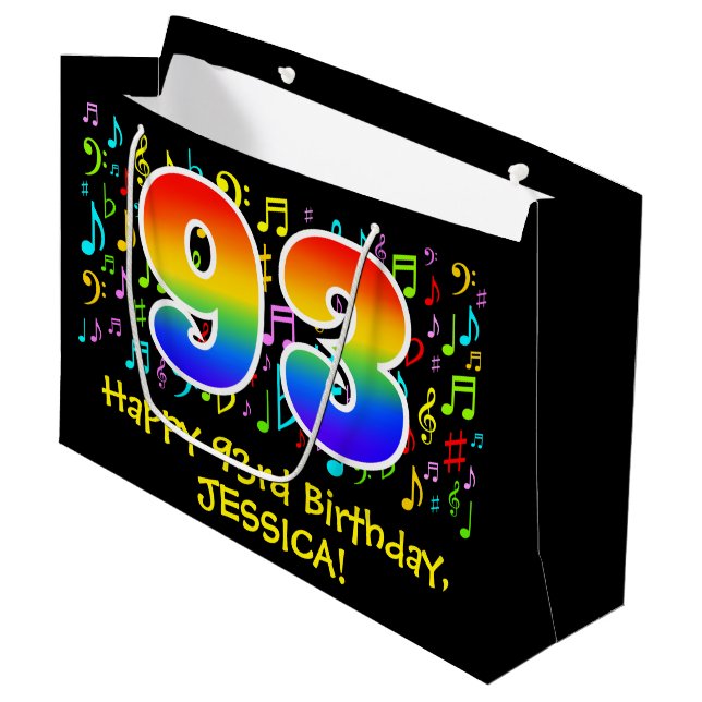 93rd Birthday - Colourful Music Symbols, Rainbow 9 Large Gift Bag (Front Angled)