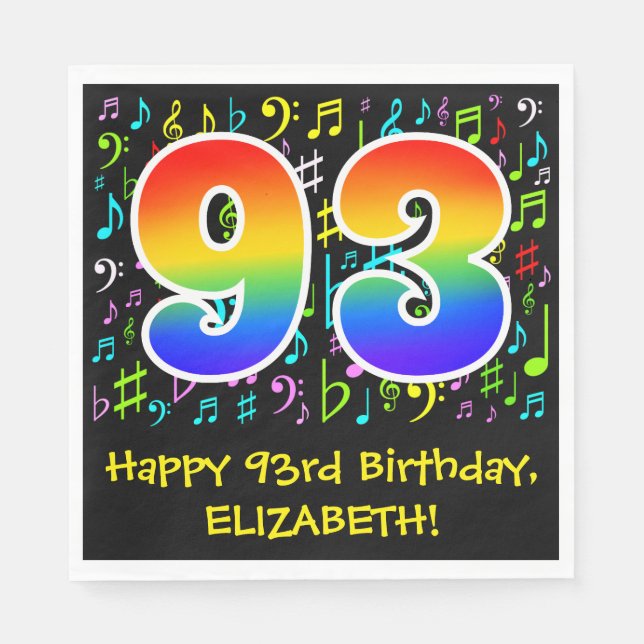 93rd Birthday - Colourful Music Symbols, Rainbow 9 Napkin (Front)