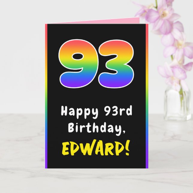93rd Birthday: Colourful Rainbow # 93, Custom Name Card (Orchid)