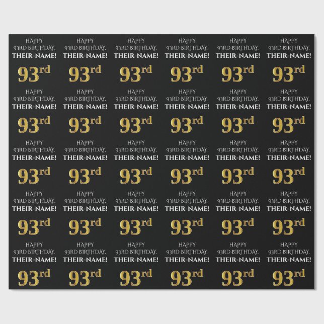 93rd Birthday: Elegant, Black, Faux Gold Look Wrapping Paper (Flat)
