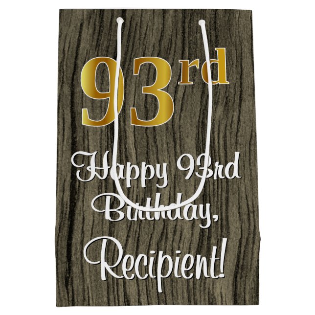 93rd Birthday: Elegant Faux Gold Look #, Faux Wood Medium Gift Bag (Back)