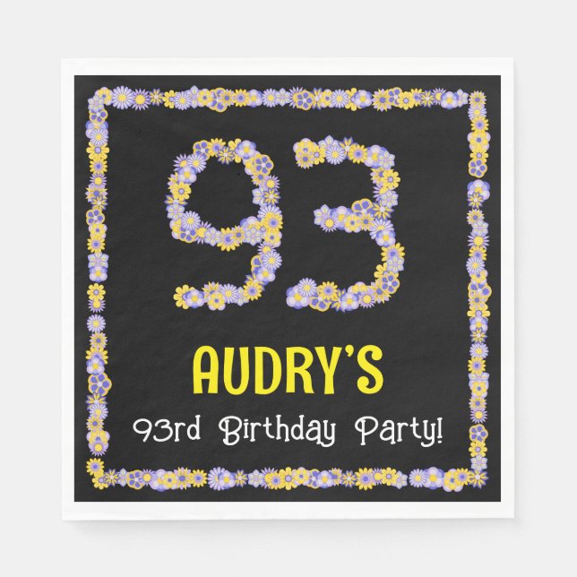 93rd Birthday: Floral Flowers Number, Custom Name Napkin (Front)