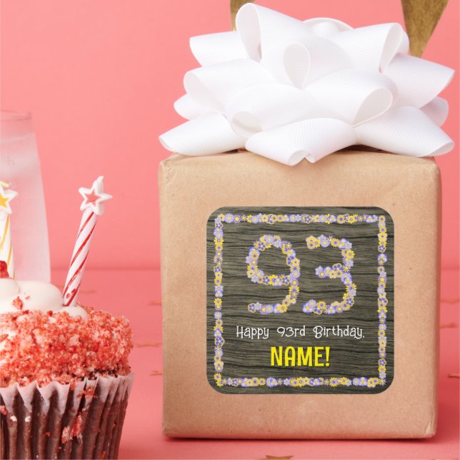 93rd Birthday: Floral Number, Faux Wood Look, Name Square Sticker (Party)