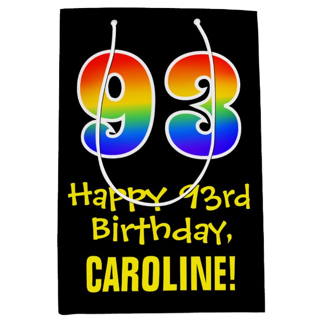 93rd Birthday: Fun, Bold, Colourful, Rainbow "93" Medium Gift Bag (Front)