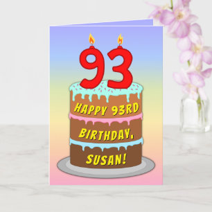 93rd Birthday — Fun Cake & Candles, w/ Custom Name Card