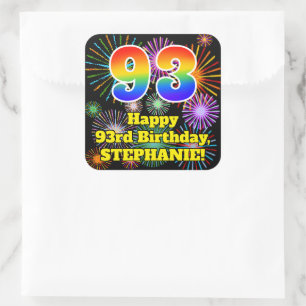 93rd Birthday: Fun Fireworks Look, Rainbow # 93 Square Sticker