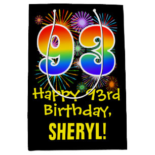 93rd Birthday: Fun Fireworks Pattern + Rainbow 93 Medium Gift Bag