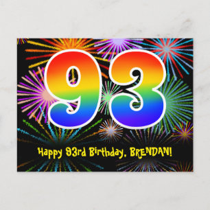 93rd Birthday – Fun Fireworks Pattern + Rainbow 93 Postcard