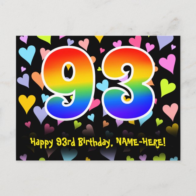 93rd Birthday: Fun Hearts Pattern, Rainbow 93 Postcard (Front)