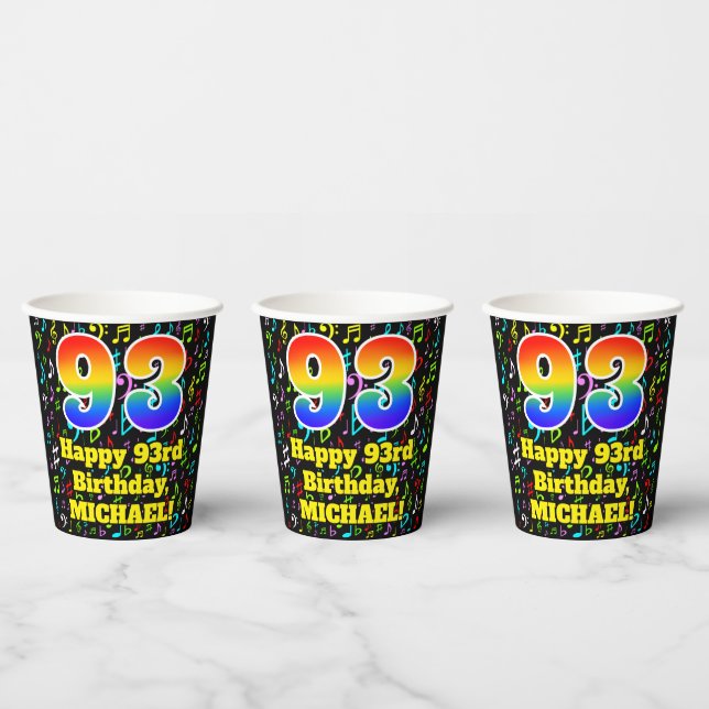 93rd Birthday: Fun Music Notes Pattern, Rainbow 93 Paper Cups (Multi)