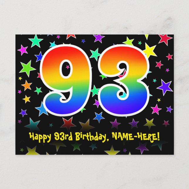 93rd Birthday: Fun Stars Pattern, Rainbow 93, Name Postcard (Front)