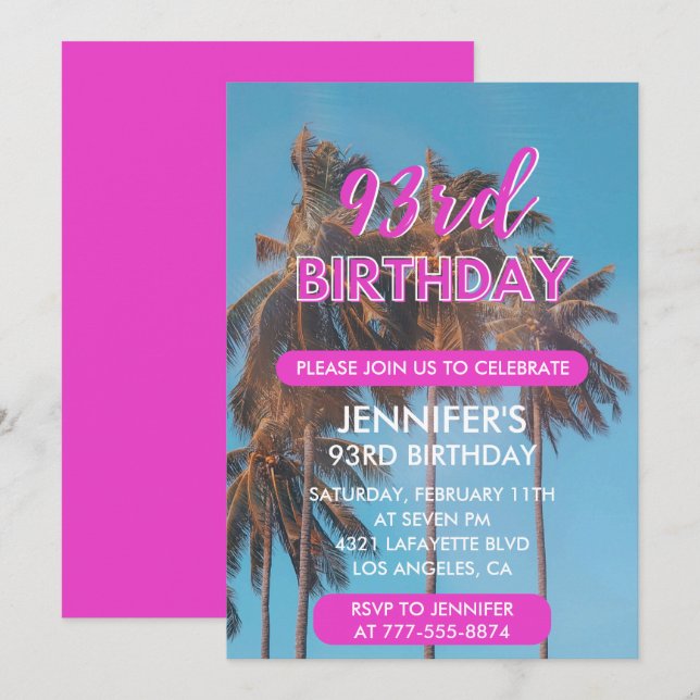 93rd birthday invitation Summer Pink Palm tree (Front/Back)