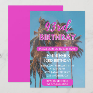 93rd birthday invitation Summer Pink Palm tree