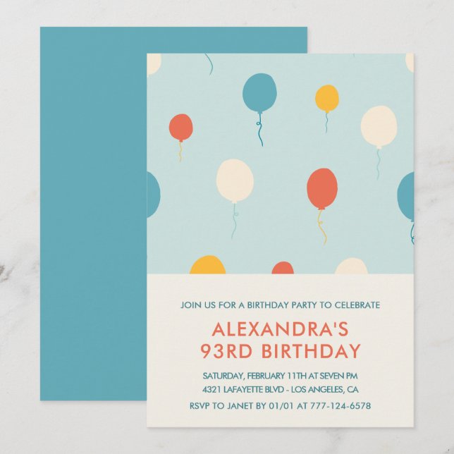 93rd birthday invitations Balloons Modern (Front/Back)