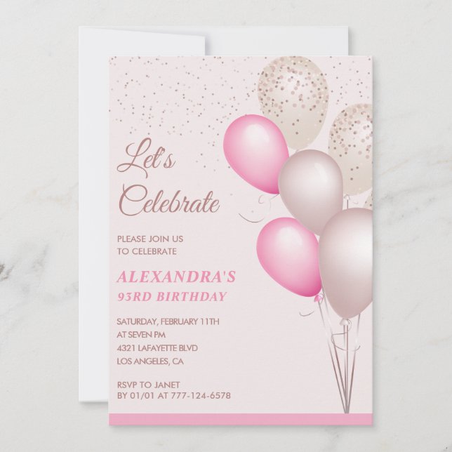 93rd birthday invitations Pink Balloons Confetti (Front)