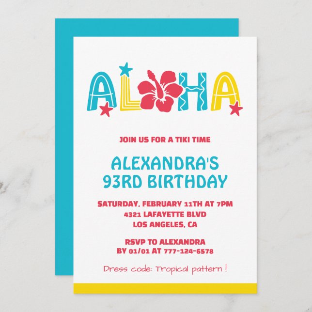 93rd birthday invitations Tropical Aloha Hawaiian (Front/Back)