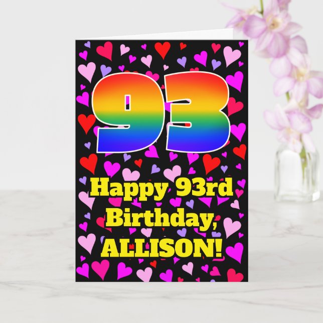 93rd Birthday: Loving Hearts Pattern, Rainbow # 93 Card (Orchid)