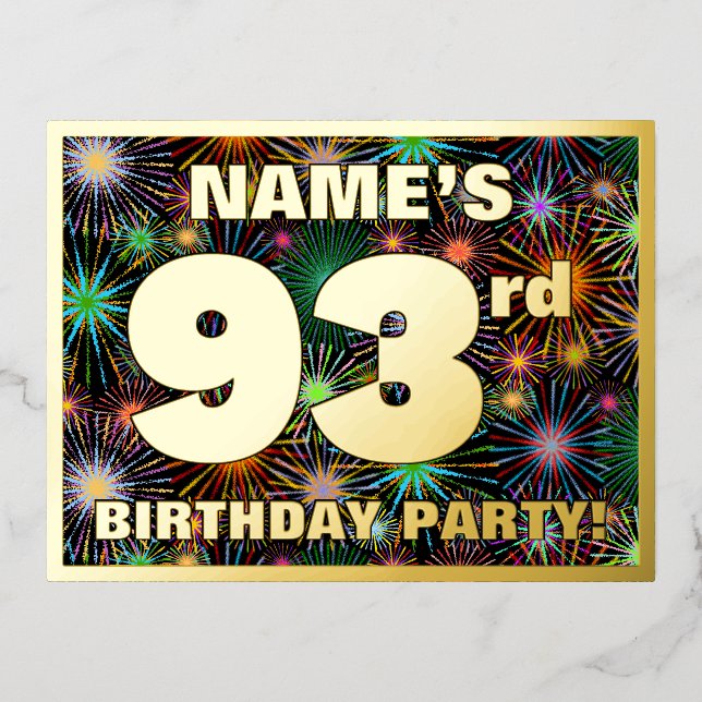 93rd Birthday Party: Bold, Colourful Fireworks Loo Foil Invitation Postcard (Front)